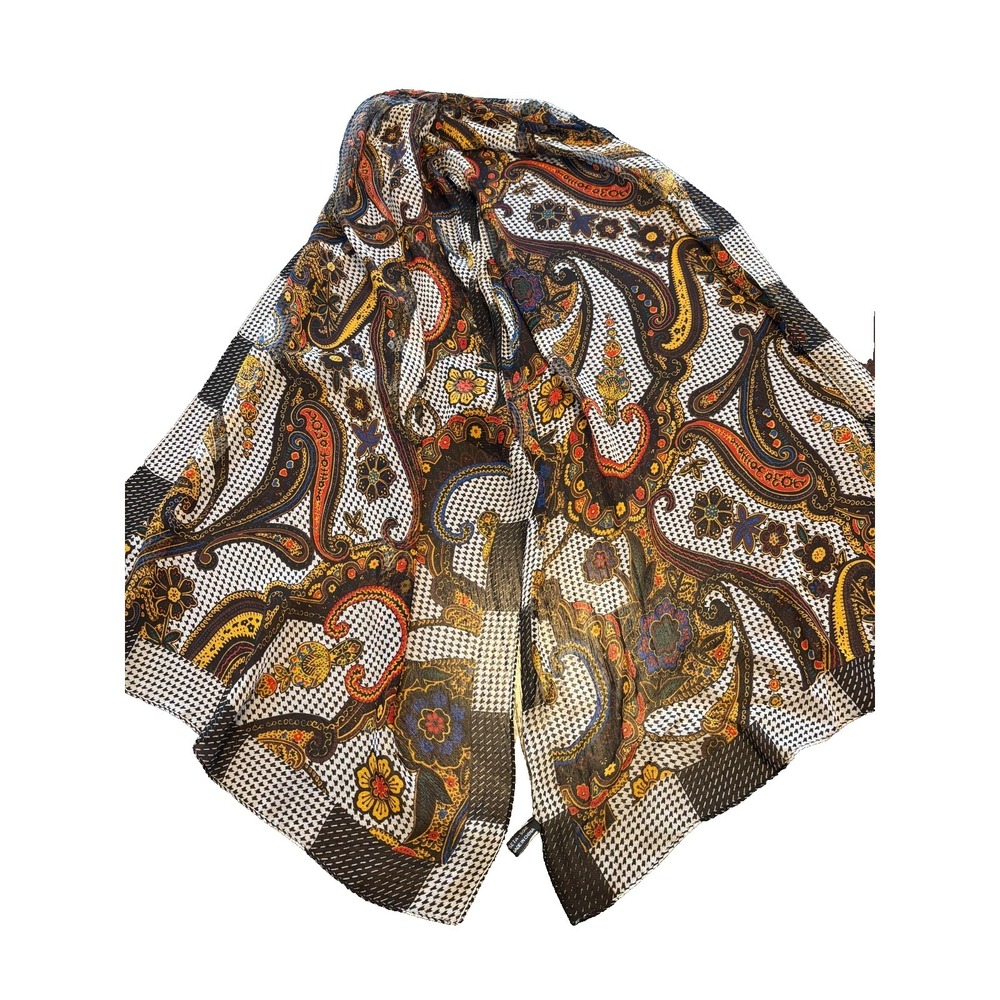 Womens' shawl/wrap/scarf size 63" x 41" 100% silk paisley white black checks